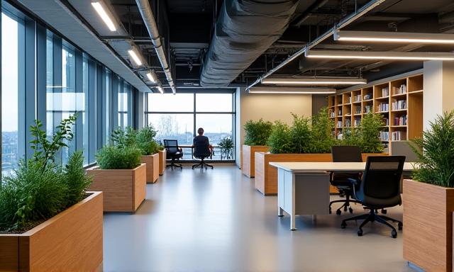 Innovativt og åpent kontorlandskap i Stavanger, med akustiske løsninger og grønne planter.